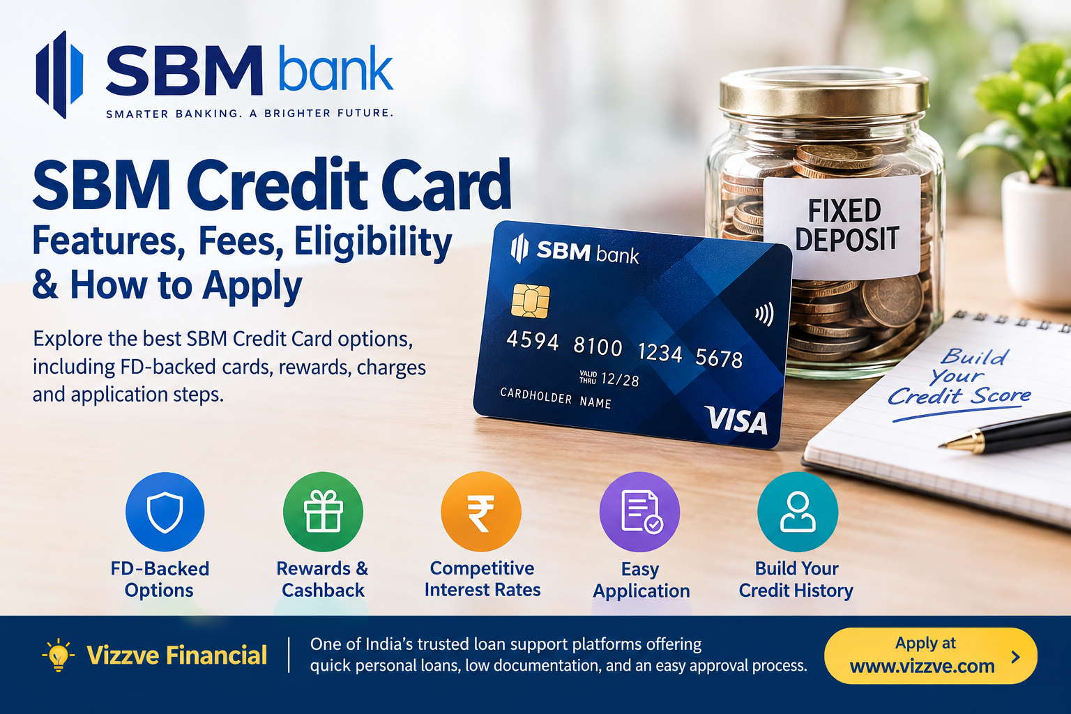 SBM Credit Card featuring FD-backed credit card options, fees, benefits, eligibility, rewards, and application information, with Vizzve Financial branding.
